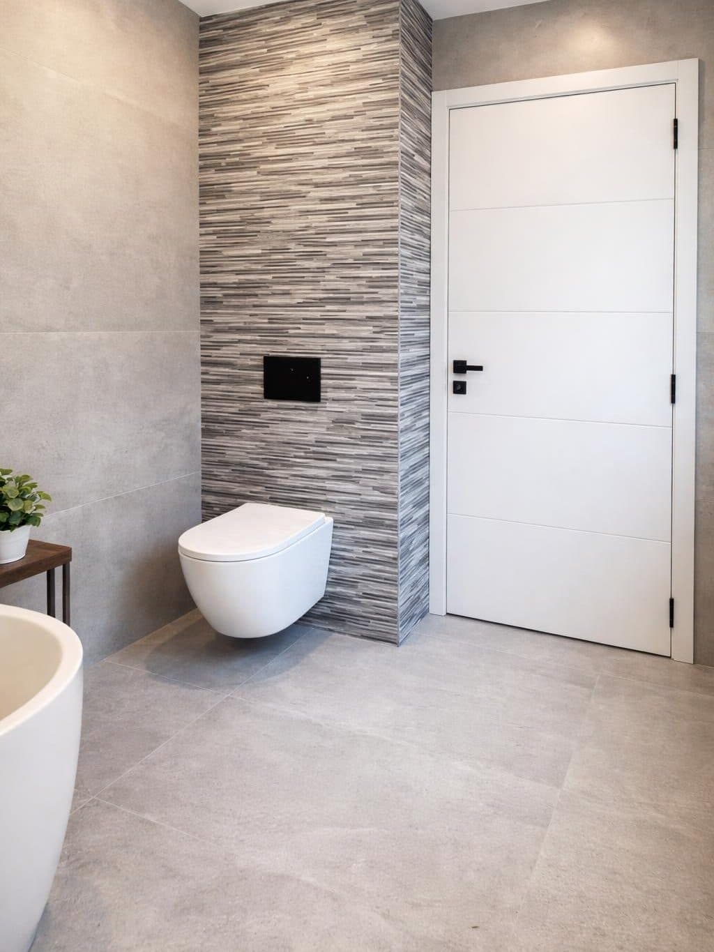 Salle de bain terminée : WC suspendu devant un parement de pierre, porte blanche et carrelage grand format